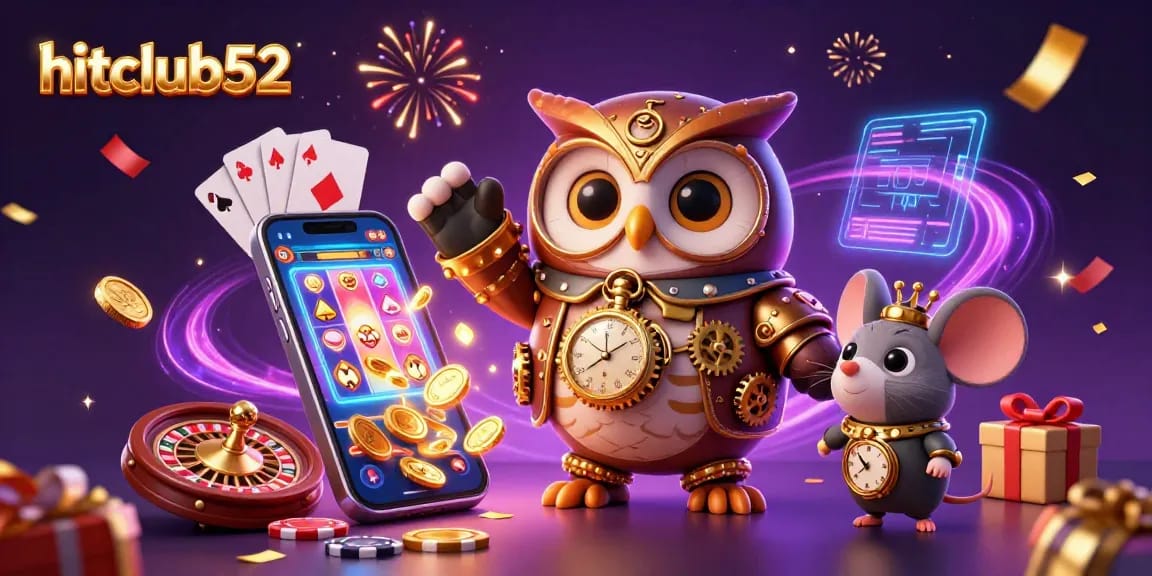 Engage with hitclub52 by exploring vibrant casino adventures featuring a time-traveling owl amidst dynamic slot games and festive elements.