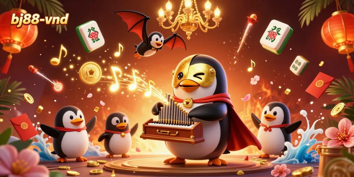 Experience the excitement of bj88-vnd with a vibrant 3D casino scene filled with coins and festive decorations.