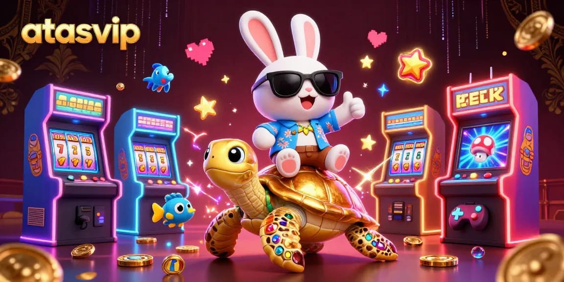 Engage in thrilling gameplay at atasvip featuring a vibrant scene with lucky rabbit and golden turtle.