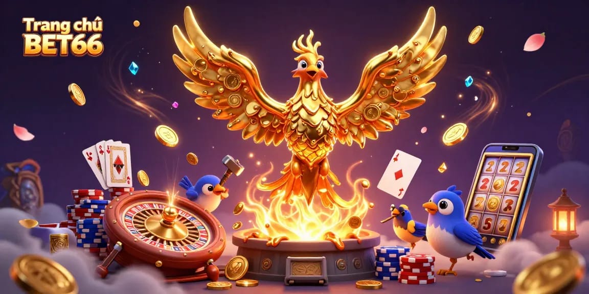 Win big at Trang chủ BET66 with a vibrant 3D illustration of golden phoenix and casino elements.