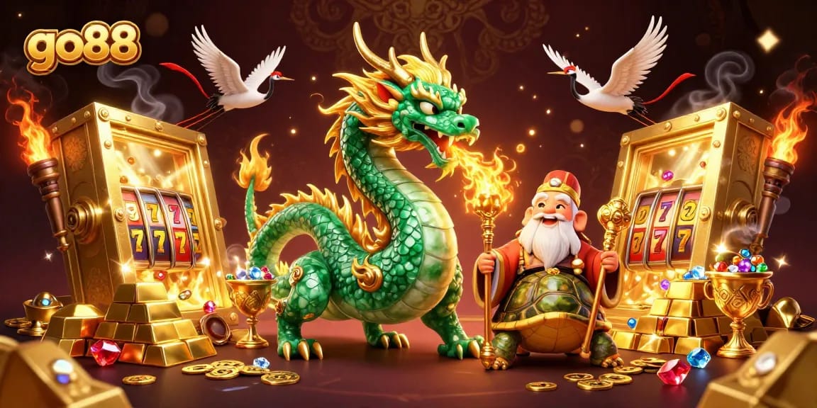 Engage with go88's thrilling world, featuring a jade dragon and treasures in a vibrant casino scene.