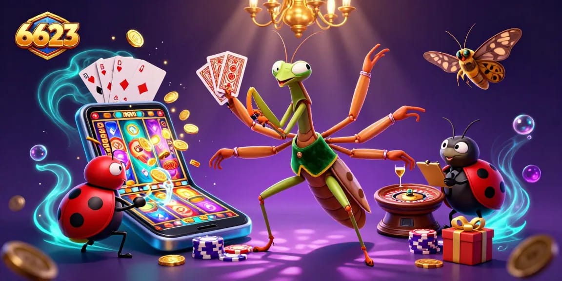 Engage in thrilling gameplay with 6623, featuring vibrant slots and a dynamic casino scene.