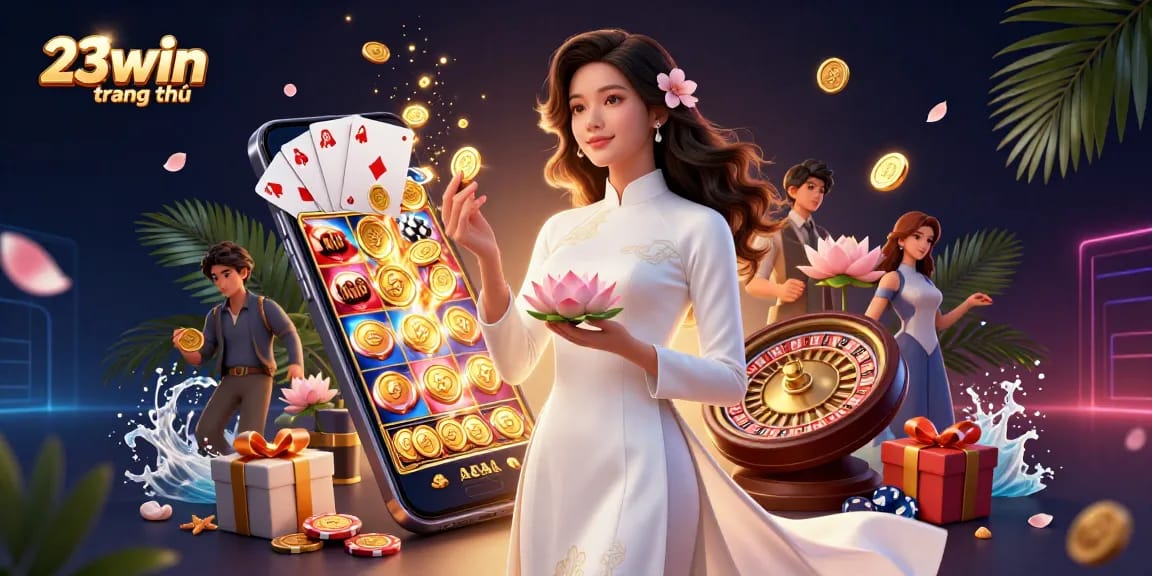 Engage in thrilling gaming at 23win trang chủ with a vibrant 3D casino illustration featuring slots, coins, and cards.