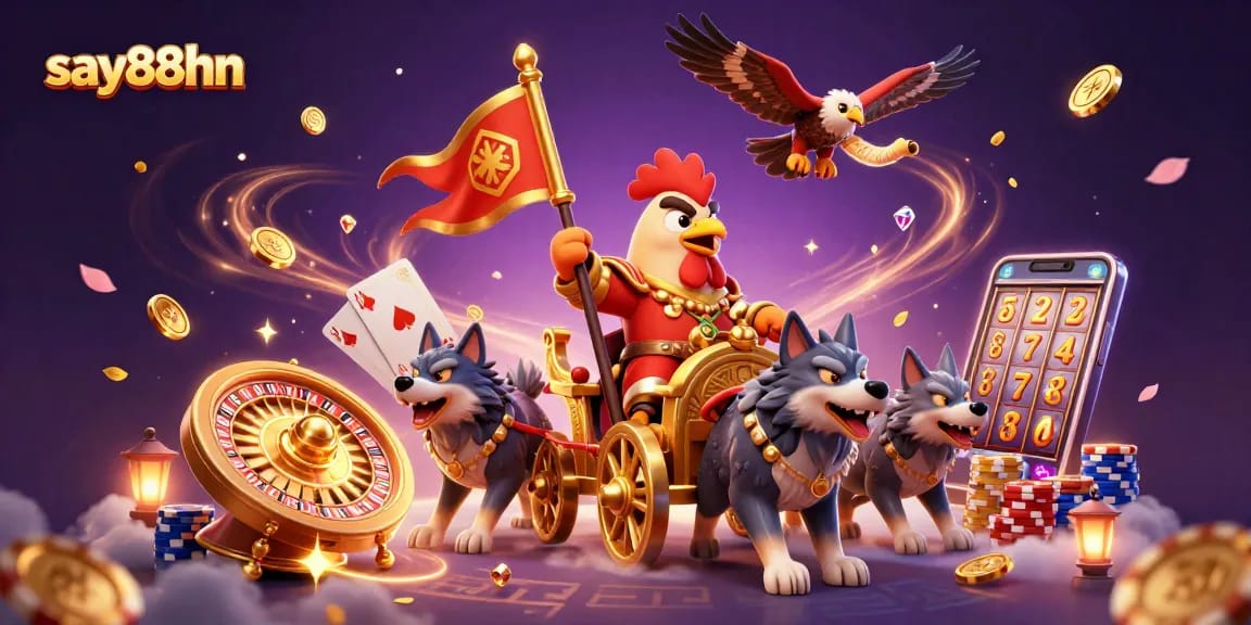 Say88hn showcases a thrilling 3D casino experience with vibrant characters and flying game elements.