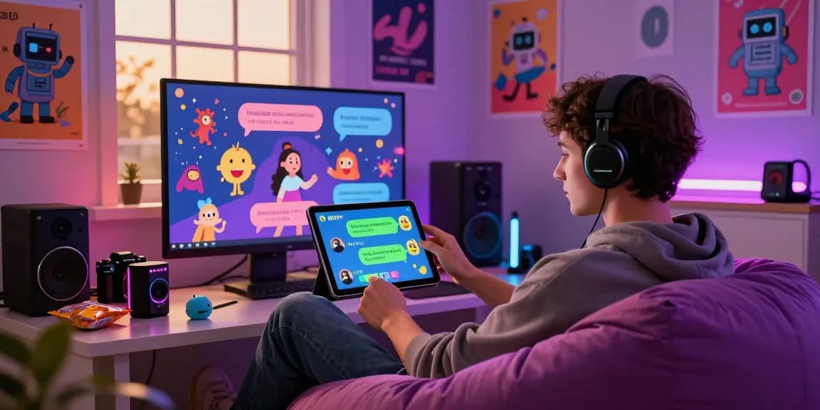 Engaging with an nsfw chat bot on a tablet in a vibrant room with ambient lighting.