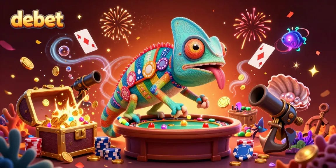 Engage with debet's vibrant casino world, where a chameleon owner and treasures burst with colors.