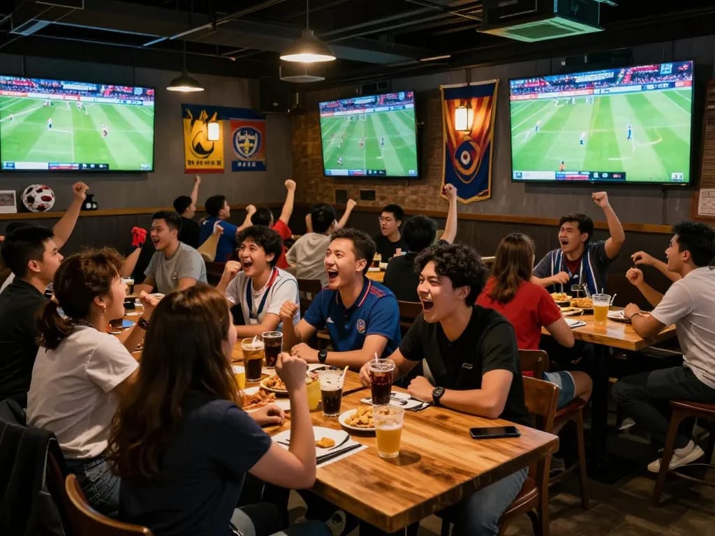 Fans enjoying kênh trực tiếp bóng đá hôm nay in a lively sports bar, surrounded by screens and excitement.