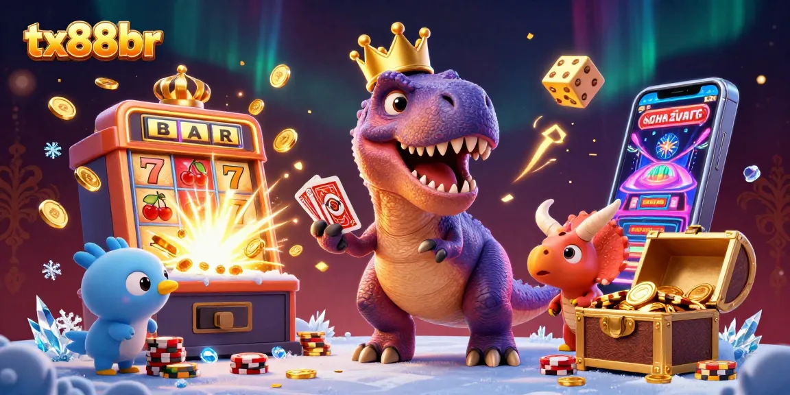 Join the fun at tx88br with a whimsical T-Rex shuffling cards, showcasing casino excitement!