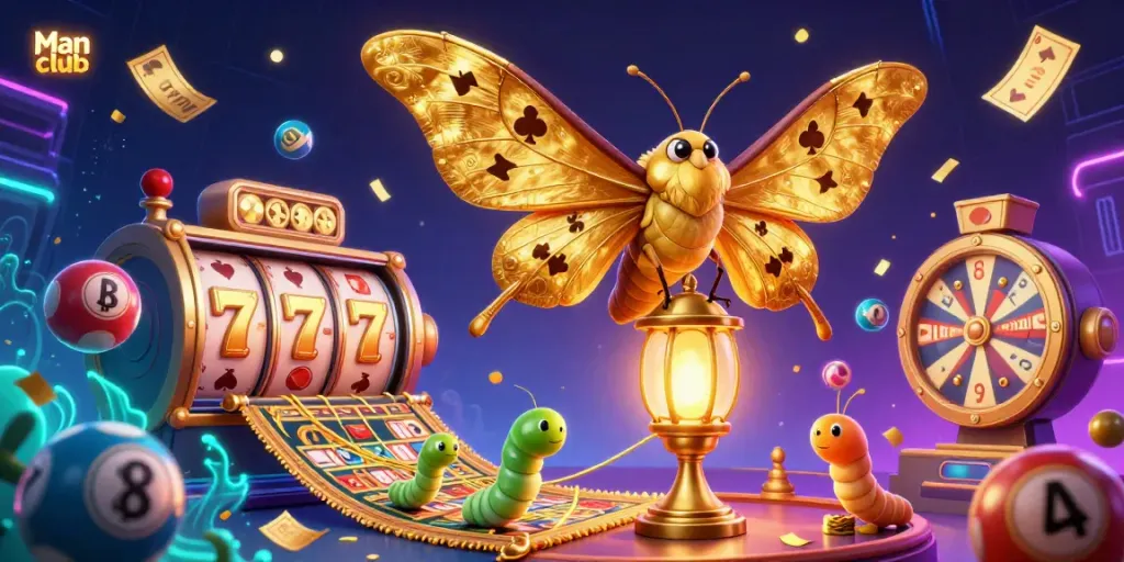 Engage in thrilling gaming at Man club with vibrant casino elements, including a magical moth and jackpot excitement.