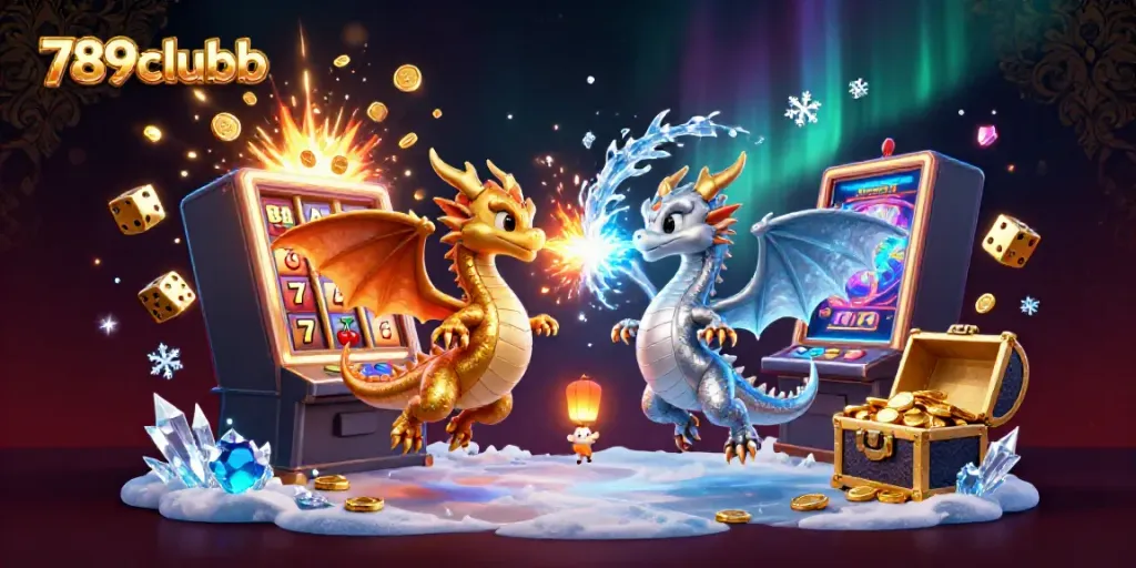 Experience the thrill of 789clubb with dynamic 3D dragons and jackpot bursts in an enchanting casino illustration.