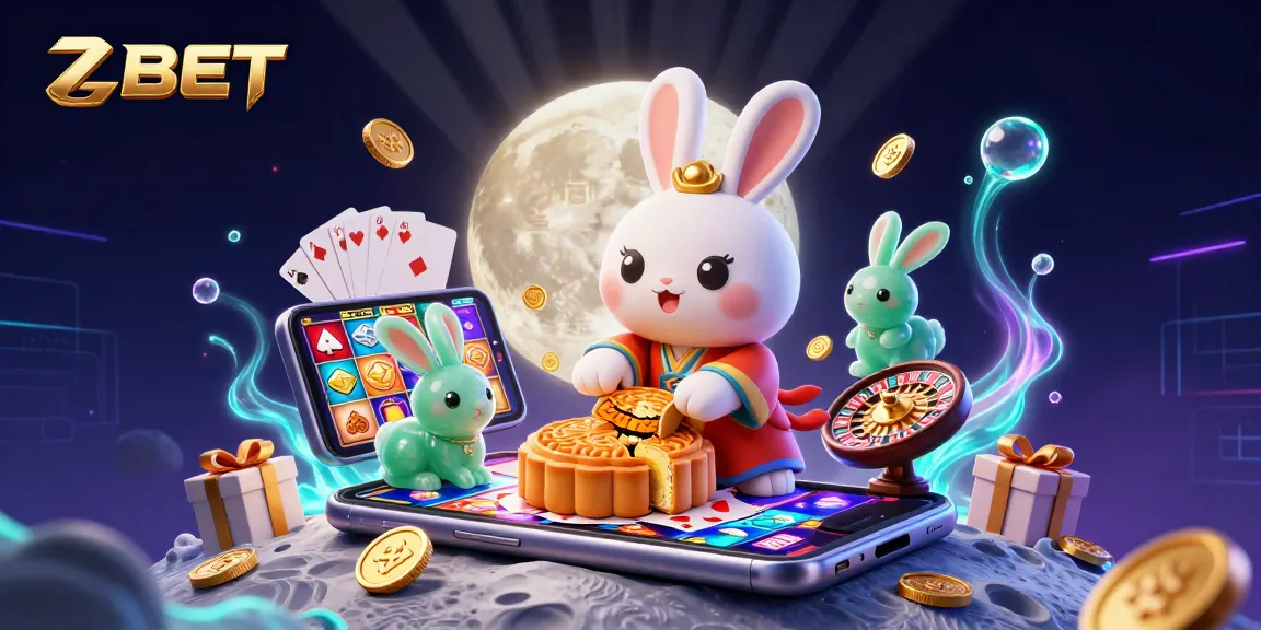 ZBET offers thrilling slots experience with a moon rabbit illustration, revealing poker chips.