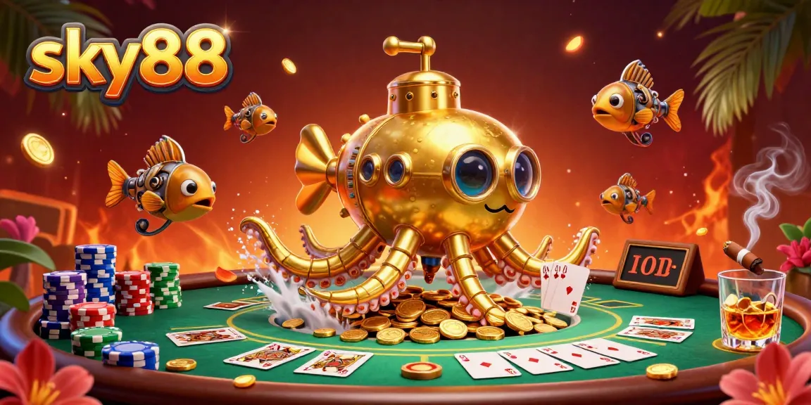 Experience the excitement of sky88 with a gold kraken submarine and vibrant poker scene amidst treasures.