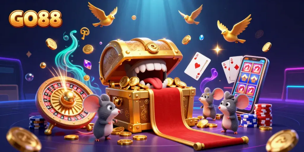Win at GO88 with the captivating 3D treasure chest scene full of casino magic.