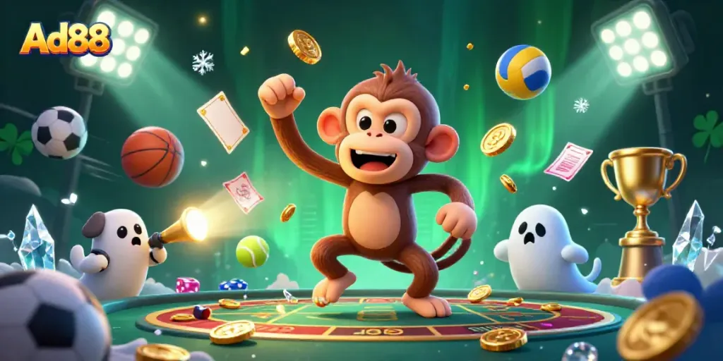 Ad88 showcases a thrilling illustration of a poltergeist monkey juggling golden casino items amidst exciting sports elements.