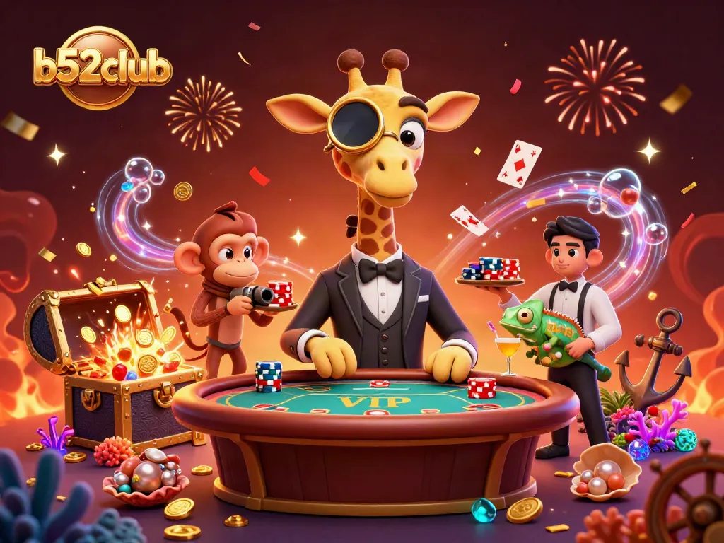 Bets soar at b52club with a high-roller giraffe and vibrant casino elements in an exciting illustration