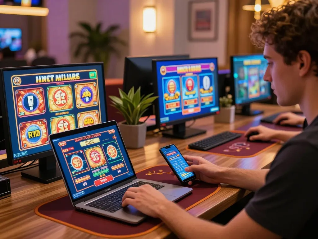 Player enjoying slots and poker on Trang chủ LLwin with vibrant game interfaces in a cozy online setup