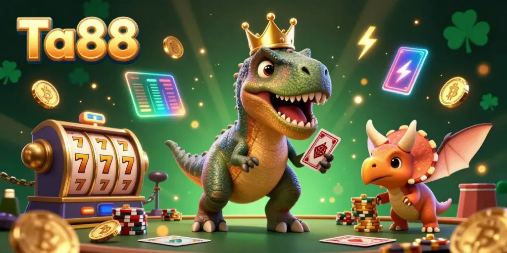 Experience the excitement of Ta88 with a whimsical T-Rex casino scene featuring card shuffling and chip stacking.