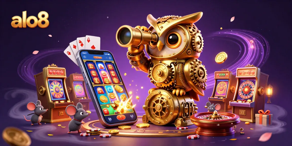 Win big with alo8's vibrant casino scene featuring a golden owl and dynamic gaming elements.