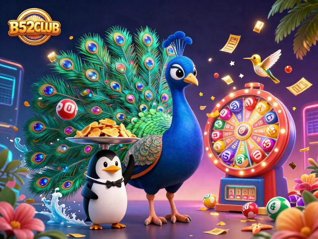B52CLUB showcases a vibrant 3D illustration featuring a peacock, penguin, and hummingbird amid dynamic casino elements.