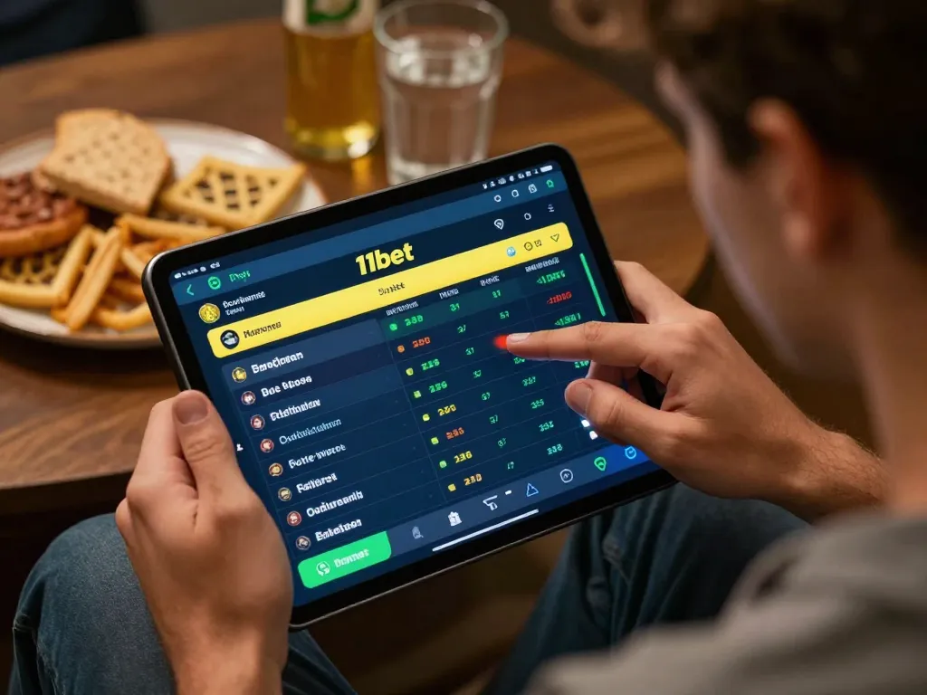 Engaged player analyzing odds on the 11bet app during an online sports betting session.