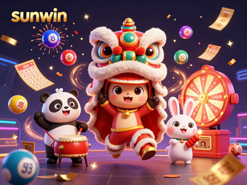 Experience the thrill of sunwin with a festive casino scene featuring lottery elements and vibrant characters.