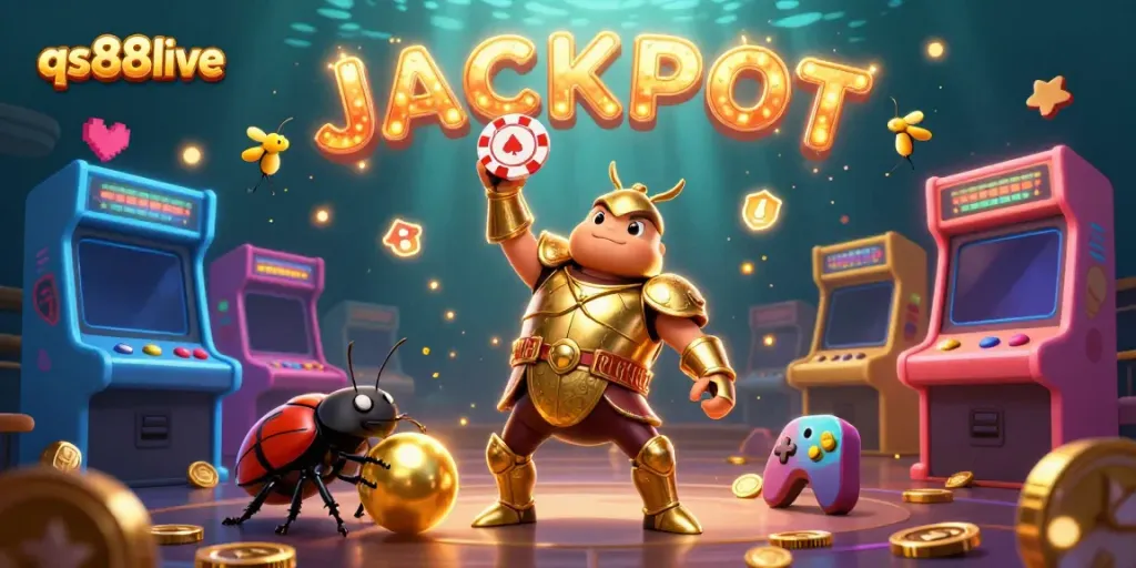 Bet big with qs88live as a victorious beetle lifts a golden poker chip amidst casino delights.