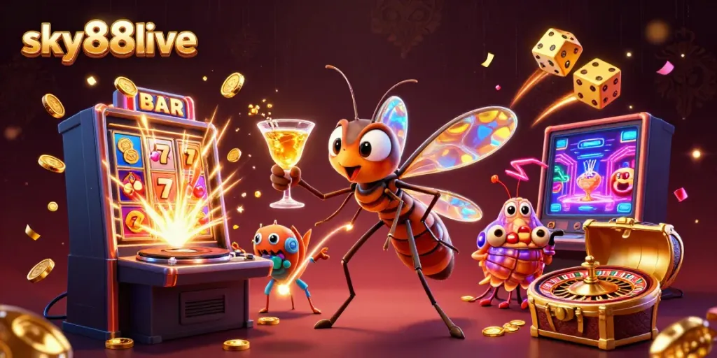 Experience the excitement of sky88live with a vibrant casino scene featuring unique characters and energetic visuals.