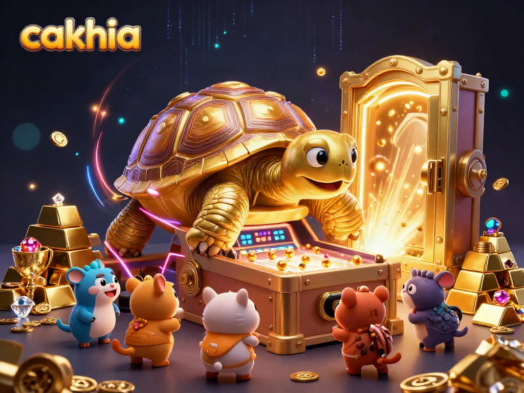 Cakhia engages players in a vibrant, dynamic casino scene with a colossal golden tortoise pinball machine.