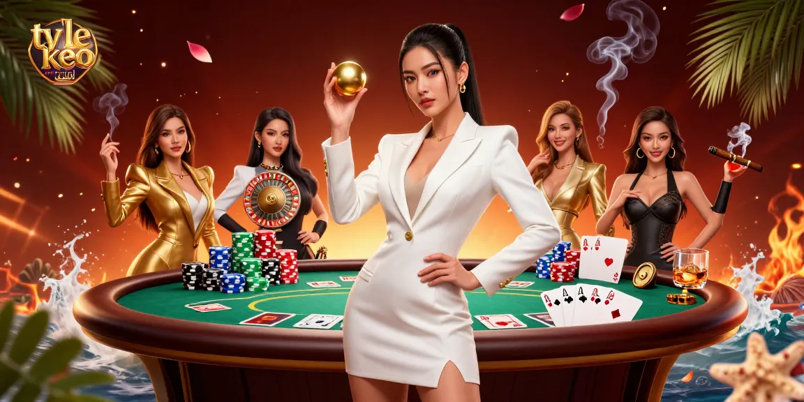 Experience the excitement of ty le keo nha cai with a stunning casino scene featuring a confident Asian woman and rich gaming elements.
