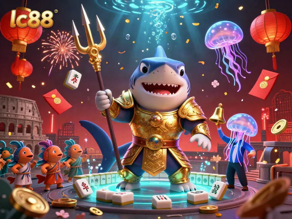 Witness the thrilling lc88 gaming scene with a tiger shark and vibrant game elements in action.