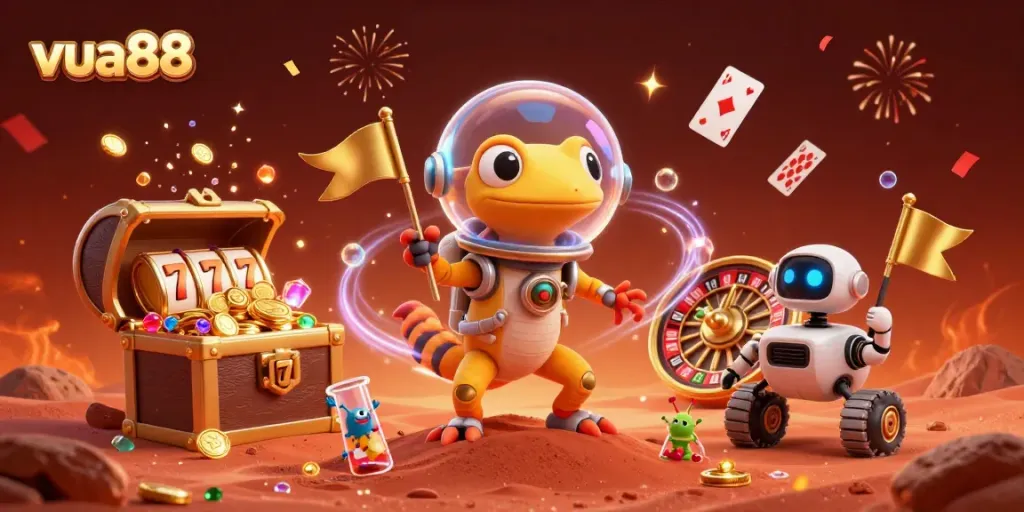Experience the excitement of vua88 with a vibrant Martian casino scene bursting with treasures and games.