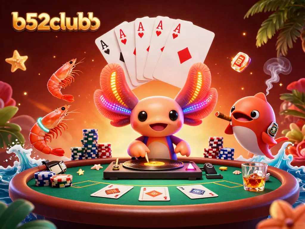 Experience excitement at b52clubb with a vibrant illustration of a DJ axolotl and poker elements.