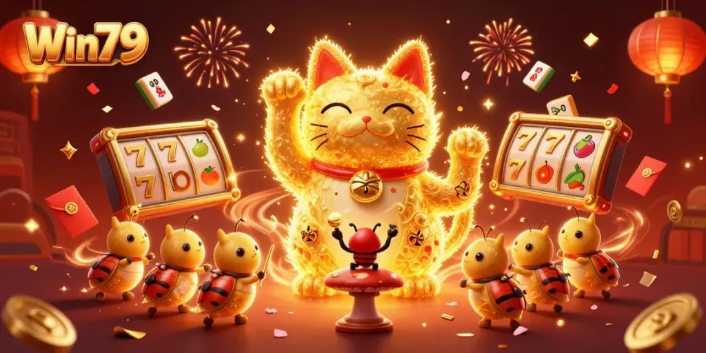 Win79 showcases a vibrant scene with a golden lucky cat and dynamic casino elements enticing players.