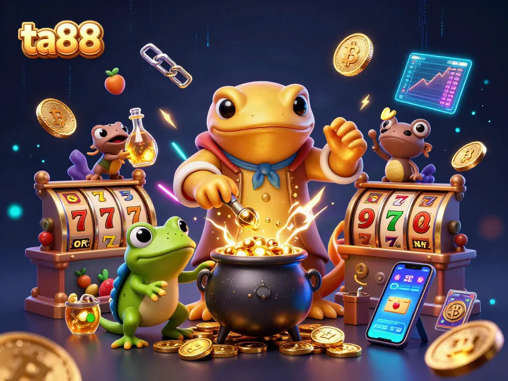 Win big at ta88 with an enriching illustration of alchemical gambling magic and cryptocurrency elements.