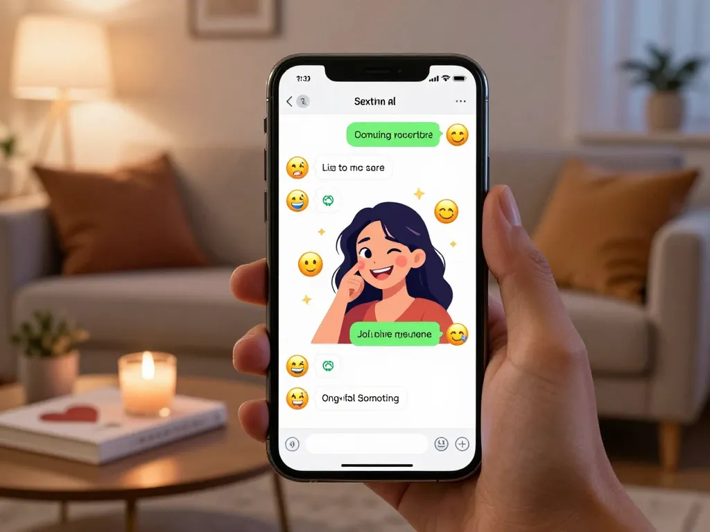 A user enjoying sexting AI chats in a cozy living room with playful digital interactions and animated emojis.
