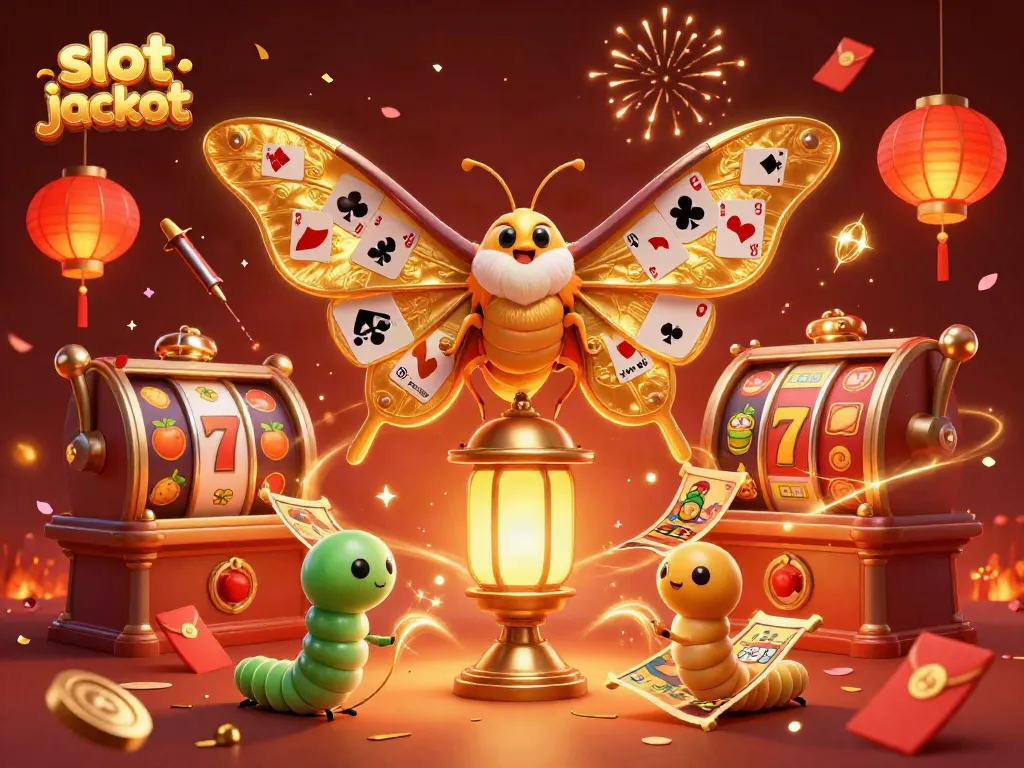 Celebrating the slot jackpot with a vibrant scene of golden moths, spinning reels, and festive elements