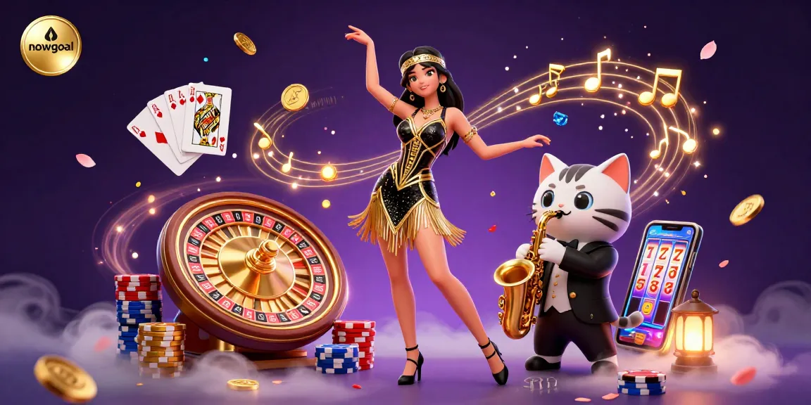 Engage with nowgoal's live scores in this dynamic 3D casino scene featuring a stylish flapper and a jazz cat.