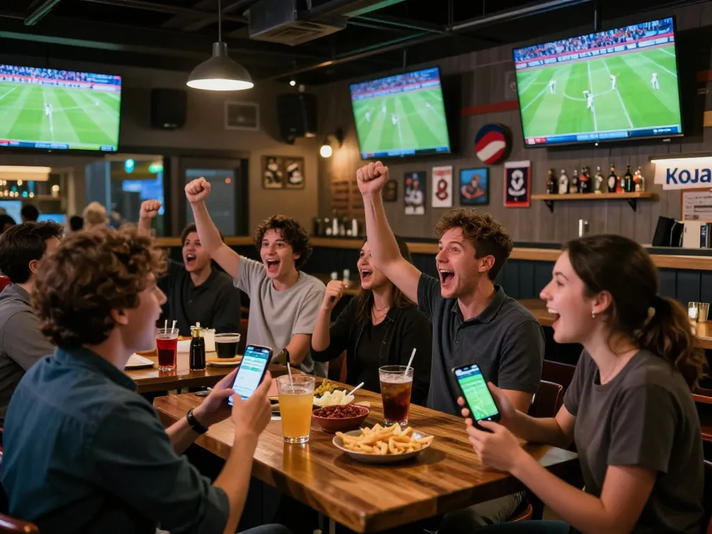 Experience kênh trực tiếp bóng đá hôm nay with fans cheering in a lively sports bar, showcasing live betting action.
