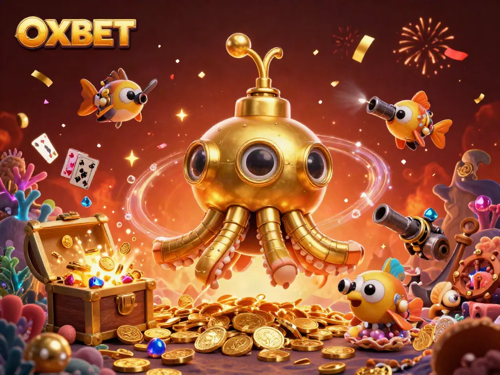 Experience the excitement of OXBET with our dynamic golden kraken submarine scene among treasures.