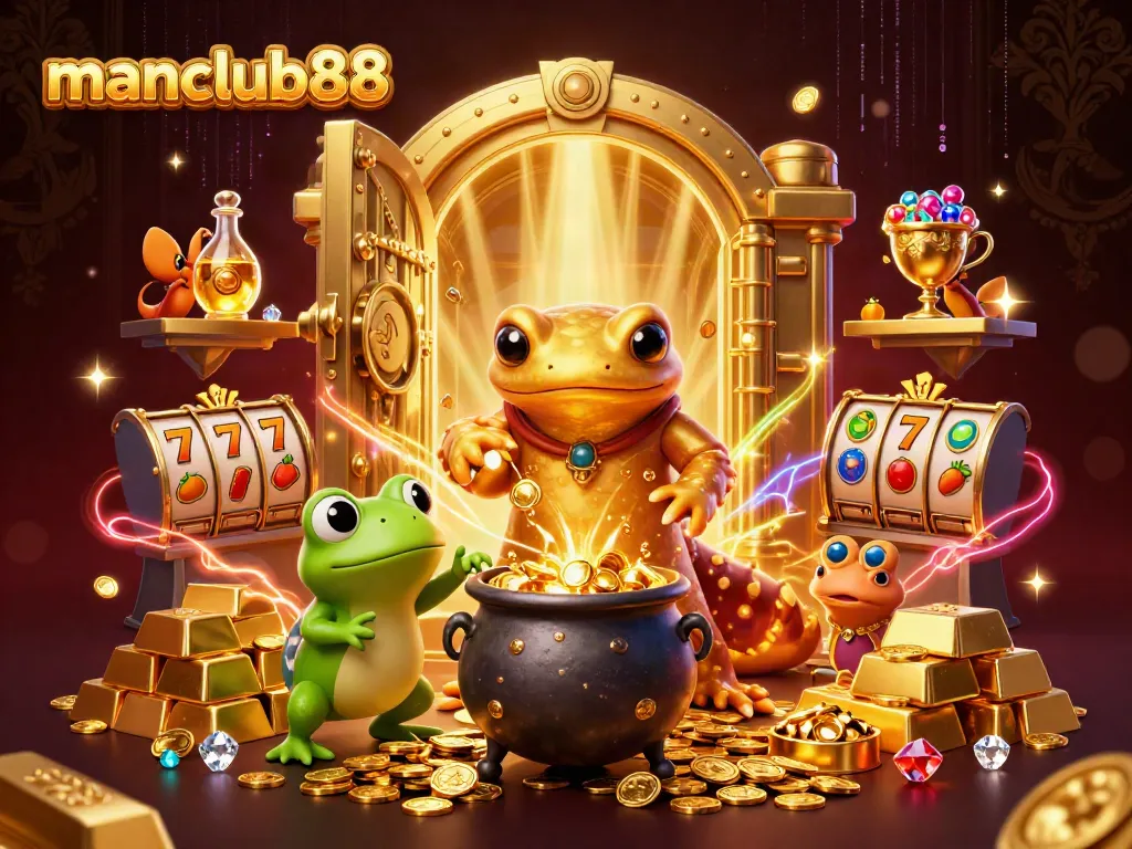 Experience chances at manclub88 with a 3D illustration of a golden alchemist creating coin-filled treasures.