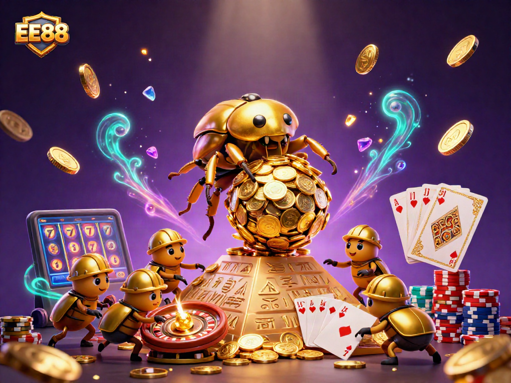 Engage with EE88's vibrant casino adventure featuring a golden beetle collecting endless coins!