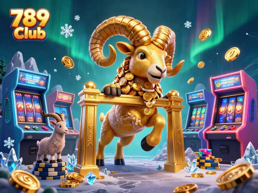 Engage in excitement at 789 Club as a golden ram charges towards jackpot wins in a vibrant casino scene.