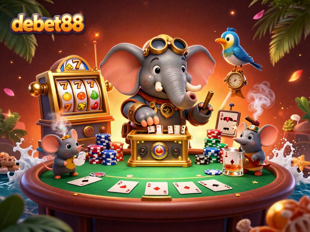 Experience the excitement of debet88 with steampunk characters enjoying vibrant slot games and poker in a rich casino setting.