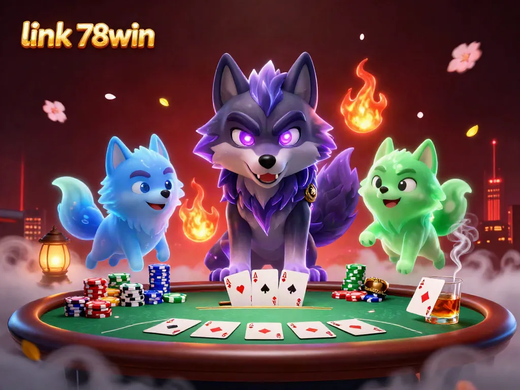 Engage with the vibrant gaming scene featuring link 78win, showcasing dynamic poker elements and ghostly wolves.