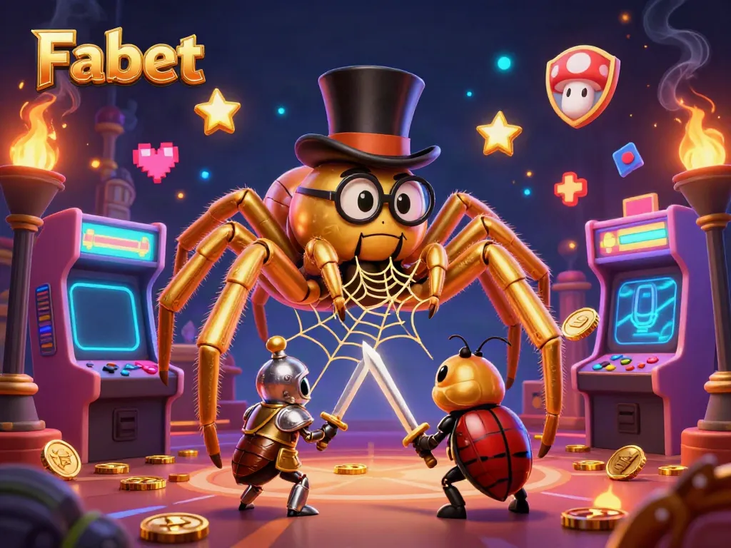 Experience thrilling gameplay at Fabet with a captivating 3D illustration of a giant tarantula weaving winning opportunities in a casino.