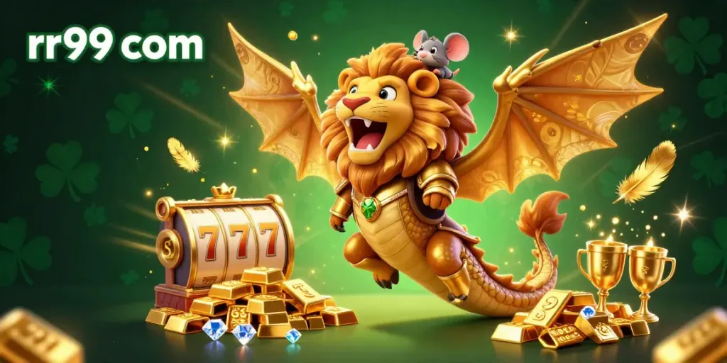 Engage with thrilling gaming action at rr99 com featuring a golden armored chimera in a vibrant casino scene.