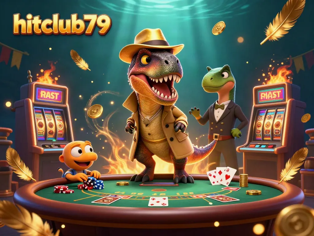 Experience thrilling gameplay at hitclub79 with a velociraptor card counter amid a dynamic casino scene.