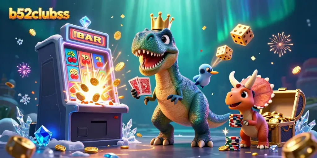 Engaging scene of a T-Rex managing casino cards at b52clubsss with a slot machine explosion.