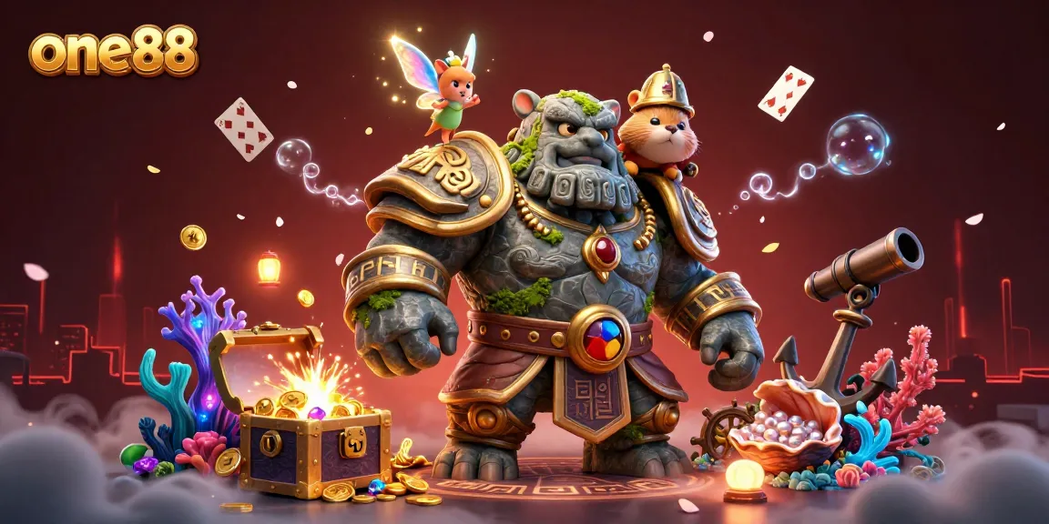 Engage in excitement at one88, featuring a magical scene with a golem, fairy, and hamster knight surrounded by treasure.
