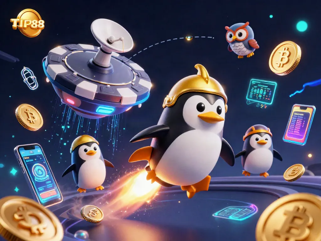 Experience the thrill of TIP88 with exciting 3D casino-themed illustration featuring a golden penguin in a cosmic adventure.